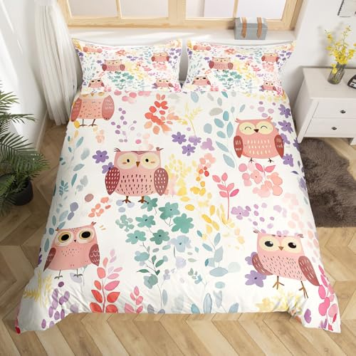 Homewish Kawaii Eule Bettbezug 135x200,Cartoon Eule Floral Bettwäsche Set für Kinder Mädchen Jungen,Nette Bunte Blumenbett Set Wildlife Animal Druck Bettbezug mit 1 Kissenbezug