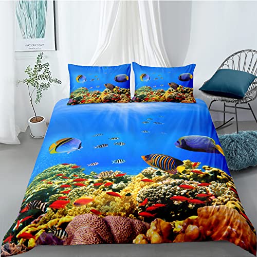 FIGONE Bettwäsche Set Korallenfische Meereslebewesen 135X200 cm Bettwäsche 3D Bettbezüge Kissenbezüge Bettbezug Bettzeug Microfaser 3-Teiliger Teenager Mädchen Jungen Kinder Geschenk - Anti-Allergie