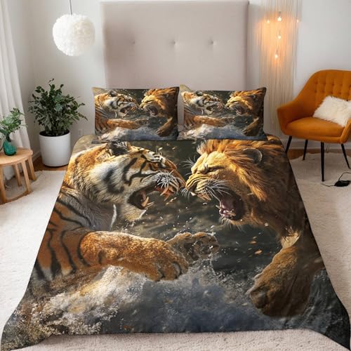 Löwe-Tiger Bettwäsche Set 200x200 3teilig Tierwelt Mikrofaser Betten Set,1 Bettbezüge 200x200 cm + 2 Kissenbezüge 80X80 cm mit Reißverschluss für Jungen Kinder Mädchen