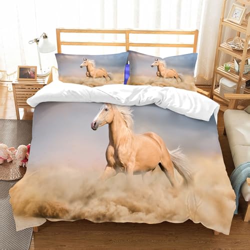 MYAUEYSU Bettwäsche Set 100% Baumwolle ist,Pferde, Palomino-Pferd in der Sandwüste mit einem Wilden Tier mit langem Haar un,und allem auch für Personen mit Hautsensibilisierung empfohlen 152x203cm
