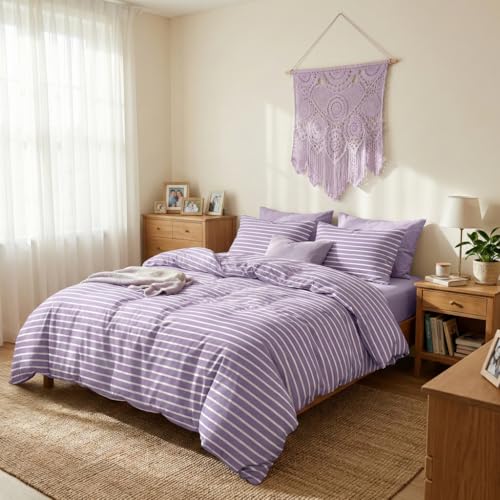 Covebett Bettwäsche 140x200 Lila Weiß Gestreift Muster Modern Bettbezug Set Landhausstil Violett Weiss Streifen Geometrisch Renforce Microfaser Deckenbezug und Kissenbezug 70x90 Reißverschluss
