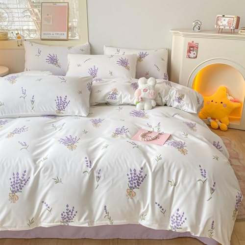 Sedefen Bettwäsche 220x240cm 3teilig Weiß Lila Blumen Bettwäsche Violett Floral Blätter Pflanzen Bettwäsche Set Blumenmuster Mikrofaser ÖKO-TEX Bettbezug mit Reißverschluss und 2 Kissenbezug 80x80cm