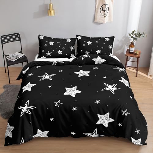 HOSIMA Sterne -Bettwäsche-Set,135x200c m, Weiß Sterne?Schwarz, Bettwäsche-Set, 1 Bettbezug, 1 Kissenbezug, Reißverschluss, geeignet für Kinder, Jugendliche und Erwachsene