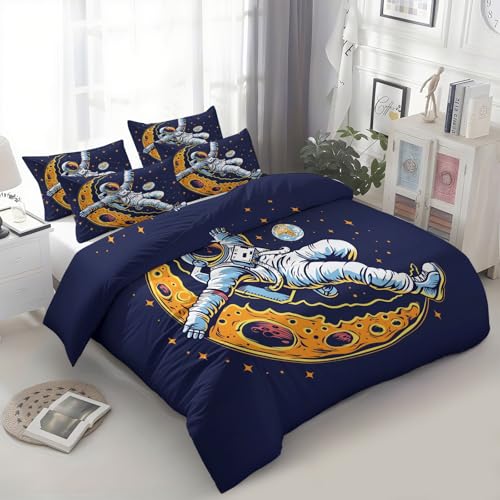 XCQHZYQ Cartoon-Astronaut Mond Bettbezug Set 155x220 cm, Dunkelblau Bettwäsche Set Weiche Atmungsaktive Hypoallergen Bettwäsche für Jugendliche Einzelbett, mit Reißverschluss