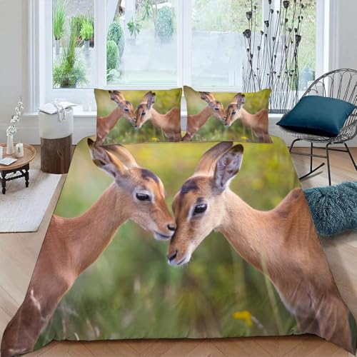 Hirsch Deckenbezug 155x200 Junge Bettbezug Set Weich Microfaser Wildtiere 3D-Druck 3er Set beinhaltet 1 atmungsaktiv Bettwäsche und 2 Kopfkissenbezug 80 x 80 C.585