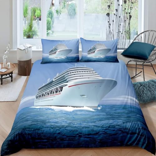 Bettwäsche 140x200 Kreuzfahrtschiff Kuschelig Weiche Mikrofaser Bettwäsche-Sets Blauer Meer Bettbezug 140x200 3D Effekt Bettbezüge mit Reißverschluss und 2 Kissenbezüge 80x80 cm D-955