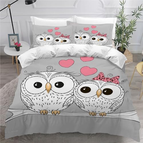 MEVASA Bettwäsche 135x200 Eulenpaar Bettwäsche-Set 3 Teilig 3D-Druck Grau Bettbezug 135x200 mit Reißverschluss Weiche Mikrofaser Kinderbettwäsche mit 2 Kissenbezug