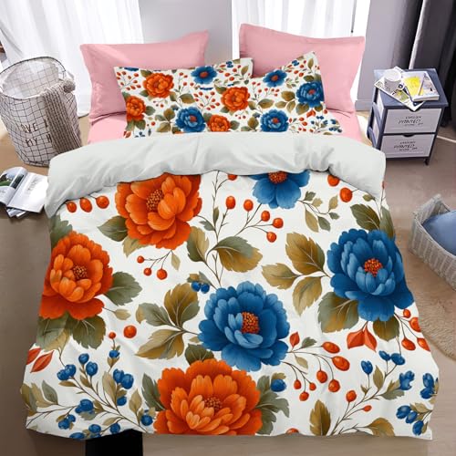 Bettwäsche 135*200cm Weiß Ländliche Volkskunst-Blumenmuster Bettbezug Set 2 Teilig Warmer Herbststil Blümchen Blumenmuster Weich Bettwäsche-Sets mit 1 Kissenbezüge 80x80 cm und Reißverschluss