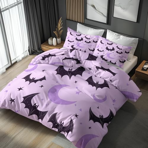 Generisch 140x200 Bettwäsche Fledermaus Bettbezug - 2tlg, 1 Kissenbezug 70x90, Halloween Süß Cartoon Muster, Schlafzimmer Deko, Weiche Mikrofaser Wendebettwäsche mit Reißverschluss - QD071