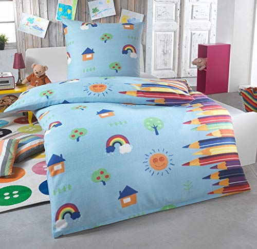 DreamHome 2 teilige Kinder Warme Kuschel Fleece Bettwäsche 135x200 + Kissenhülle 80x80 Einhorn Feuerwehrmann Pferd Pinguin, Designe:Pencil