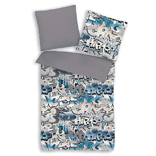 termana Graffiti Bettwäsche Set 135x200 · 100% Baumwolle, Reißverschluss, blau, grau · 3D Teenager-Bettwäsche · Jungen-Bettwäsche · Geschenkidee Gaming