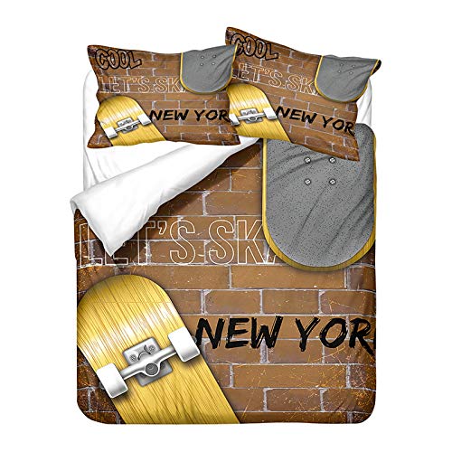 Teenage Boy Bettwäsche Set Einzelbett Einzelbettbezug und Kissenbezug Multicolor Trendy und Cool Street Skateboard Graffiti Hip-Hop Style Bettwäsche Blau Grau Beige (Braun,135 x 200 cm)