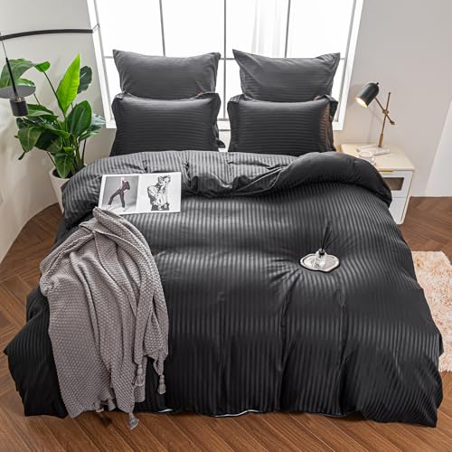 Amolavet Hotel Bettwäsche 135x200 Mikrofaser Schwarz 2teilig Set Bettwäsche 135x200 Mako Satin Mikrofaser Damast Streifen Weiß mit Reißverschluss für Ganzjährig