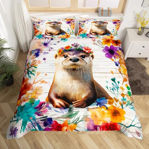 Homewish Otter Bettwäsche 135x200 Kinder, Cartoon Zootier Bettbezug Niedlich für Mädchen Jungen, Botanische Blume Pflanze Bett Set, mit 1 Kissenbezug Holzbrett Dekor, Weiche Mikrofaser