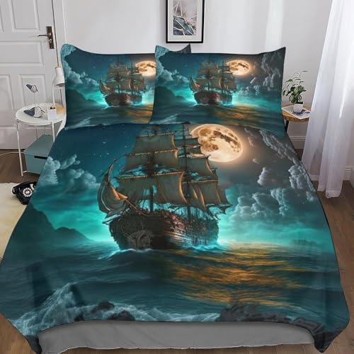DAFUfbw King?220x240cm? Pirate Boat Bettwäsche Set, Luxus Quilt Cover Set Mit Kissenbezug: 80 X 80cm, Sailboat Vollmond Bettbezug Microfaser Wärme Bed Set Für Jungen & Mädchen