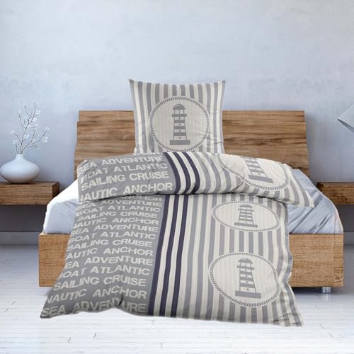 Casa Colori Seersucker Bettwäsche – 135x200cm Decke, 80x80cm Kissen, Grau gestreift, 100% Polyester mit Leuchtturm Motiv