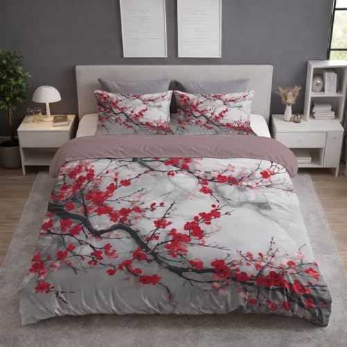 Schwarz Rot Bettwäsche Set (200 x 220) - Flauschige Bettwäsche - Atmungsaktiv Warm Hautfreundlich - Weiche Bettwäsche - Mit Reißverschluss - Orientalisch Traditionell Pflaumenblüte Elegant