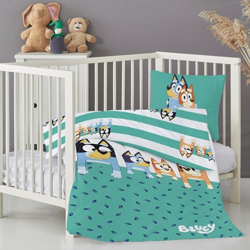 Bluey Bettwäsche für Kinder und Babys 100x135 cm + 40x60 cm - 2-teillige Bettwäsche mit Reißverschluss - Hautfreundlich & atmungsaktiv - 100 % Baumwolle - pflegeleicht - Öko-Tex zertifiziert
