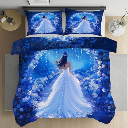 Dppyuxa Fantasy Bettwäsche 200x220 Blaue Aquarellrose Bettwäsche Set 3D Bedruckte Bettbezug Einfache Pflege Kuschelbettwäsche mit Reißverschluss Mikrofaser Bettbezug Traumkunst Kristall