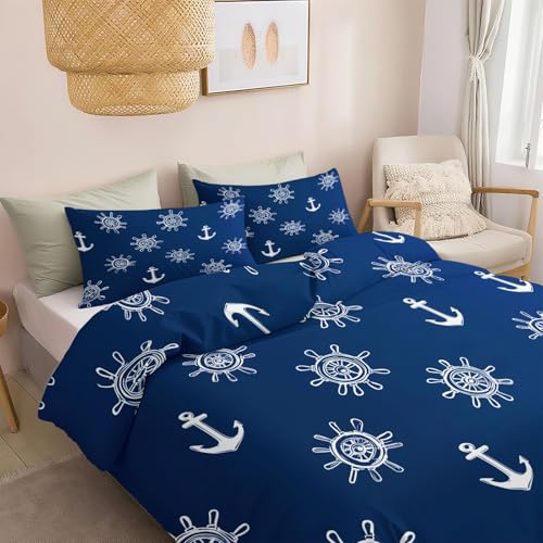Bettbezug Set Nautisches Thema Anker Rad 155 X 220 Cm Atmungsaktiv Weich Mikrofaser Bettbezug, Wendebettwäsche Für Jugendliche Kinder Doppelbett Mit Reißverschluss, Dunkelblau Bettwäsche Set