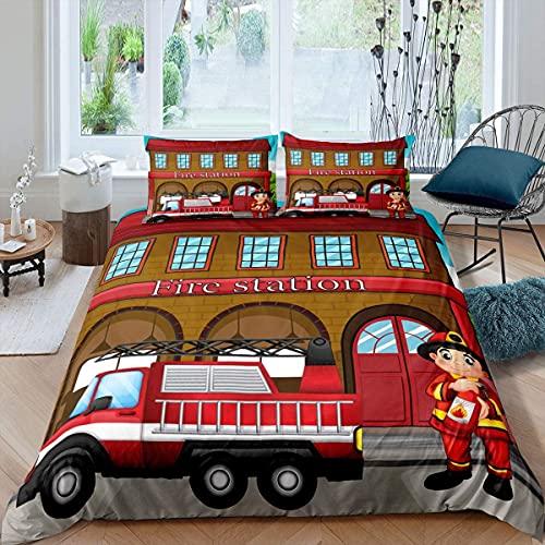 Homewish Feuerwehr Bettwäsche Set Feuerwehr Bettbezug Feuerwehrmann Print Bettbezug Cartoon Design Gebäude Print Trösterbezug für Kid Boy Männer 2 Stücke 155x220 Atmungsaktiv Dekoration