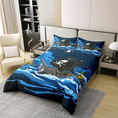 jejeloiu Nautisches Bettbezug, 100 % Baumwolle, Queen-Size, Piraten-Bettwäsche, Baumwolle, Bettbezug-Set, Ozeanmotiv, bedruckt, Bettdeckenbezug-Set, Ozeangewebe, blau-schwarz, Tagesdeckenbezug