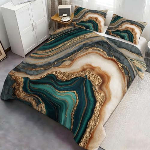 Türkis-Braune Achat-Geode mit goldenem Bettdeckenbezug, abstrakte geschichtete Wellenbettwäsche mit Kissenbezügen, luxuriöse Moderne Bettwäsche für Schlafzimmerdekoration 220x240cm
