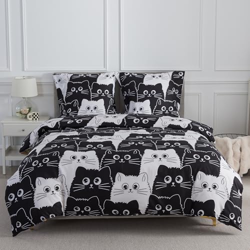 WUMIUER Bettwäsche 155x220 2teilig Bettbezug - Süß Schwarz Weiß Katzen Muster Bettwäsche-Set 155 x 220 cm und 1 Kissenbezug 80x80cm mit Reißverschluss, Weich Leicht Mädchen Kinderbettwäsche
