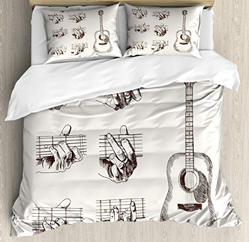 ABAKUHAUS Gitarre Bettbezug Set für Einzelbetten, Sketch Akkorde Flamenco, Milbensicher Allergiker geeignet mit Kissenbezug, 230 x 220 cm - 70 x 50 cm, Creme Brown