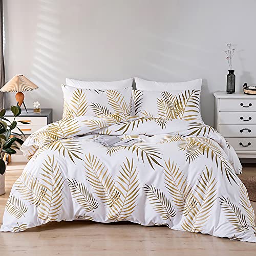 Jemiipee Weiße Bettwäsche-Set mit Tropische Palmblätter Muster, 1 x Bettbezug 200x200 cm mit 2 x Kissenbezüge 80x80 cm und Reißverschluss, Weiche 100% Mikrofaser Bettwäsche Modern, Gold Weiß