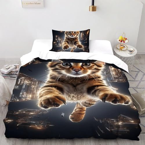 AutumnWinds Bettwäsche 2 Teilig Katze Bettwäsche Cartoon-Tiere Bettbezüge Single?135x200cm? Kissenbezüge Bettwäsche-Sets Polyester Mikrofaser Mit Reißverschluss