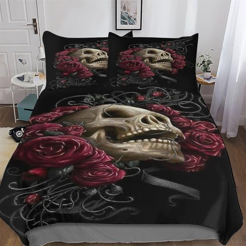 PAZZK Rose Skull 3D 2 teilig Bettbezüge Set Super Weiche Atmungsaktive Hypoallergen Bettwäsche Inkl Bettbezug Und Kissenbezüge Angenehme Bettdeckenbezug Single (135x200cm)