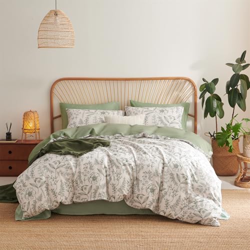 Freyamy Grün Blumen Bettwäsche 135x200,Grün Floral Weiß Bettwäsche-Sets 2tlg,Botanisch Aesthetic Weich Wende Bettwäsche Gewaschene Mikrofaser Bettbezug mit Reißverschluss und 1 Kissenbezüge 80x80cm