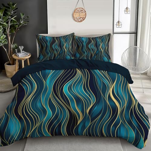 Blaugrün Wellenlinien Bettwäsche 135X200Cm Weiche Mikrofaser 3D Druck Elegante Kunst Bettbezug Mit Reißverschluss Für Kinder Zimmer Dekor Jungen Mädchen 3 Teilig Bettwäsche Set Mit Kissenbezüge