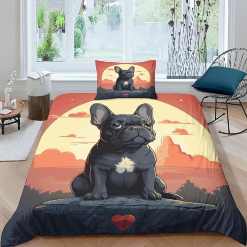 OPSREY Bulldogge Für Kinder Mädchen Jungen Bettwäschegarnitur 3D Gedruckter Twilight Animals Bettbezug Set Bettwäsche Reissverschluss Weich Microfaser Und Kissenbezüge 3 Teilig Single?135x200cm?
