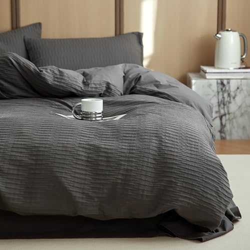 Covebett Seersucker Bettwäsche 140x200 Grau Anthrazit Uni Sommer Wendebettwäsche 2teilig Modern Gestreift Strukturiert Atmungsaktiv Microfaser Bettbezug und Kissenbezug 70x90 mit Reißverschluss Covebett Seersucker Bettwäsche 140x200 Grau Anthrazit Uni Sommer Wendebettwäsche 2teilig Modern Gestreift Strukturiert Atmungsaktiv Microfaser Bettbezug und Kissenbezug 70x90 mit Reißverschluss