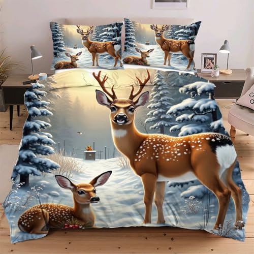 Fotmung Bettwäsche 135x200 Mikrofaser 3 Teilig Schneebedeckter Hirsch, Weiche Bettbezug mit Reißverschluss Bettdeckenbezug - 1 Bettwäsche Set 135 x 200 cm mit 2 Kissenbezügen 80 x 80 cm &58 Fotmung Bettwäsche 135x200 Mikrofaser 3 Teilig Schneebedeckter Hirsch, Weiche Bettbezug mit Reißverschluss Bettdeckenbezug - 1 Bettwäsche Set 135 x 200 cm mit 2 Kissenbezügen 80 x 80 cm &58