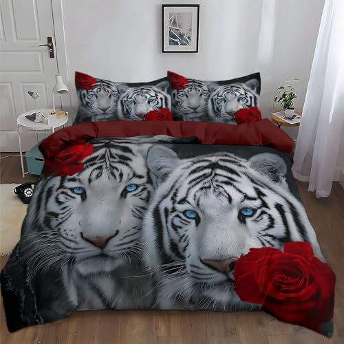 Generisch Tiere Tiger Blume Rose Bettwäsche 200 x 200 cm - Bettwäsche-Sets 3er Set, mit 2 Kissenbezüge 80 x 80 cm, Dunkelrot Microfaser Wendebettwäsche, Hypoallergen, Ganzjahres
