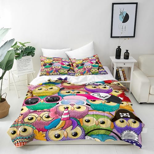 ANHOPE Nette Cartoon Tier Eule Bettwäsche Set Weich Microfaser Bettbezüge mit Reißverschluss 2 Teilig Bettbezug 135x200 cm & Kissenbezug 80x80 cm Bettdeckenbezug Set für Kinder Jungen Mädchen