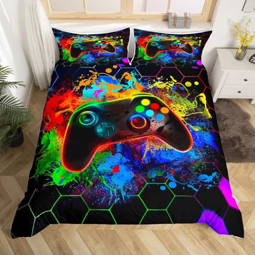 Loussiesd Buntes Gaming Bettwäsche Set 135x200cm für Kinder Jungen Mädchen Jugendliche Geometrie Honeycomb Bettbezug Gradient Game Controller Betten Hexagon Atmungsaktiv Bettwäsche-Set Weich