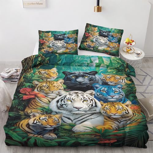 Venivici Sommer Bettwäsche 200x220 Tiger - Dschungeltiere Leopard Bettbezug 200x220 3 Teilig, Weiche & Angenehme Mikrofaser Bettbezüge & 2 Kissenbezug 80x80, Bettwäsche-Sets mit Reißverschluss