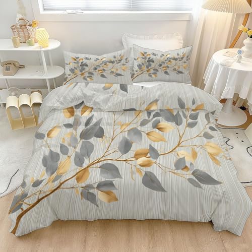 Bettwäsche Set Luxus Im Stil Von Pflanzen Blättern Und Streifen Bettbezug Bedruckt Wendbares Design, Grau Gold Bettwäsche-Sets 3 teilig Weiche Mikrofaser Bettbezug mit Reißverschluss, 135 x 200 cm