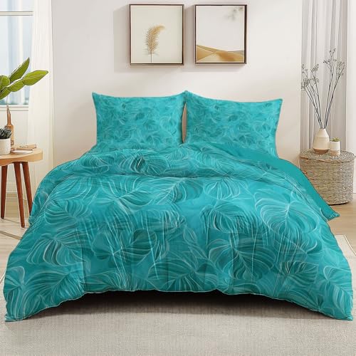 Bettbezug 3 Teilig Sets Türkis Bettwäsche Set, 180 x 200 cm Mit Reißverschluss mit 2er Kissenbezüge, Einfache Pflanze Monstera Blätter Wendbar Mikrofaser komfortabel Bettbezug