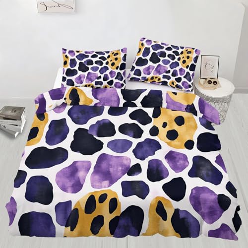 Bettwäsche-Set mit Leopardenmuster, Einzelbett, violette und gelbe Punkte, unregelmäßige Kunst, Bettbezug-Set, Tagesdecke, 2-teilig