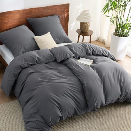 BEDSURE Bettwäsche 135x200 Baumwolle 4teilig - Bettwäsche-Sets Anthrazit Bettbezug 2er Set mit 2 Kissenbezüge 80x80 cm, Ähnliche Textur wie Washed Leinen, Oeko-TEX Bedding Grau mit Reißverschluss