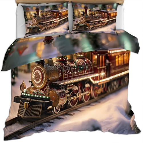 FIEMAR Weihnachtszug Bettwäsche Set für Jungen 135 X 200 cm Schneestadt Bettbezug Landhaus Bettset für Mädchen Bettdeckenbezüge Weicher Mikrofaser Bettbezug und Kissenbezug