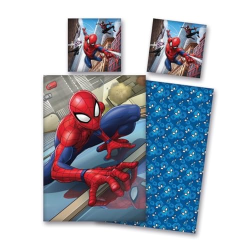 AYMAX Spiderman Bettwäsche Set 80 x 80 cm + 135 x 200 cm 100% Baumwolle, Blau