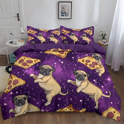 CozyRest 2 teilig Bettwäsche-Sets 100 x 135 cm Dunkelviolett - Bettbezug mit Cartoon-Mops Muster, Mikrofaser mit Reißverschluss Atmungsaktiv Weich und Bügelfrei, Kissenbezug 40x60 cm