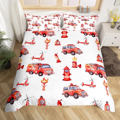Feuerwehrwagen Rote Bettwäsche Set 135x200 für Kinder Jungen Feuerwehrmann Zubehör Muster Bettbezug,Skalierungsleit er Feuerlösche Komfortbezug Hubschrauber Feuerwehr Hydrant Bett Set Feuer Thema Dekor