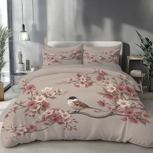 Bettwäsche 155 X 220 Cm 3 Teilig Beige-Braun - Bettbezüge 155 X 220 Cm Mit Blumen Und Vögel Retro-Traditionelle Tuschemalerei, Bettwäsche Sets Aus Mikrofaser Mit Reißverschluss Weich Und Bügelfrei